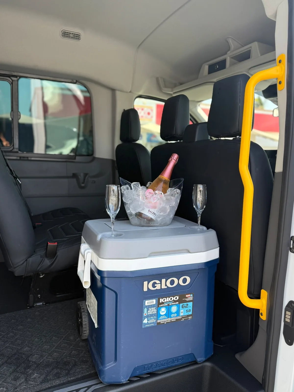 Chilled welcome setup inside a private van