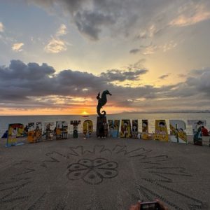 The emblematic "Caballito" (Seahorse) in the Malecon with a lovely sunset in the back